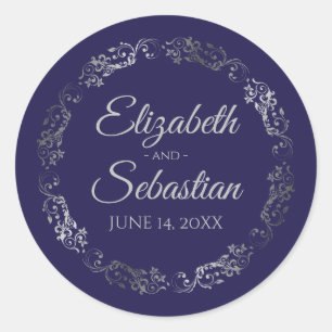 Lacy Silver Filigree Elegant Navy Blue Wedding Classic Round Sticker