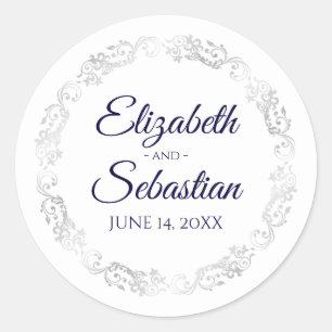 Lacy Silver Filigree Elegant Navy on White Wedding Classic Round Sticker