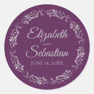 Lacy Silver Filigree Elegant Plum Purple Wedding Classic Round Sticker