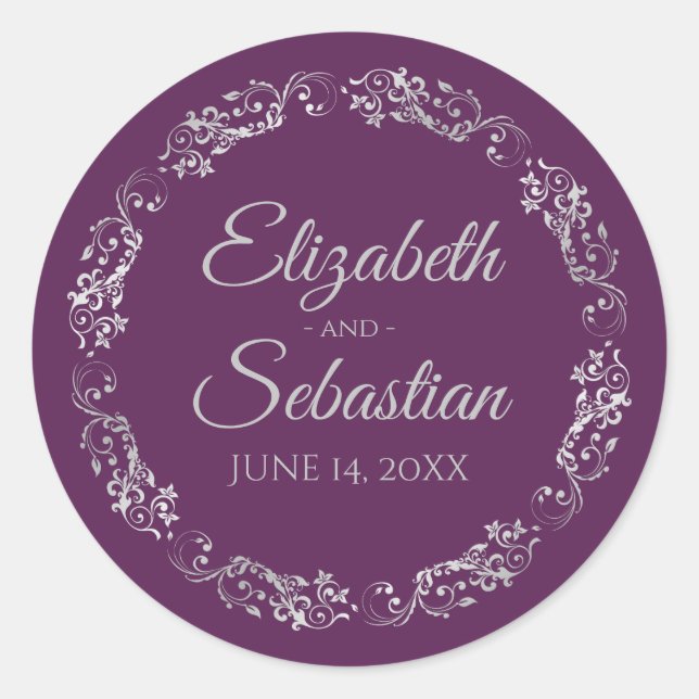 Lacy Silver Filigree Elegant Plum Purple Wedding Classic Round Sticker (Front)