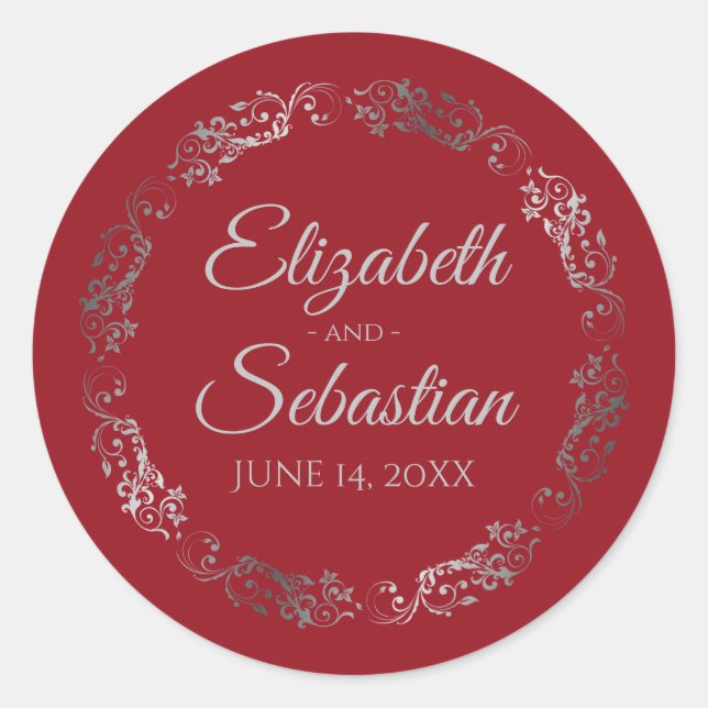 Lacy Silver Filigree Elegant Red Wedding Classic Round Sticker (Front)