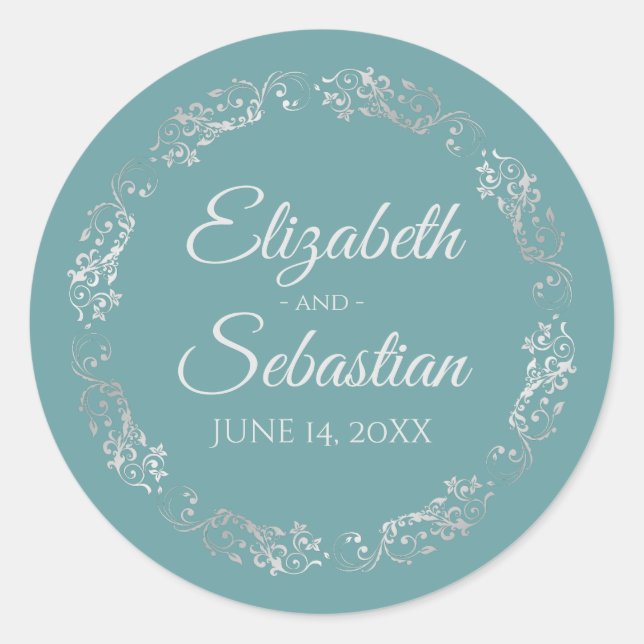 Lacy Silver Filigree Elegant Teal Wedding Classic Round Sticker (Front)