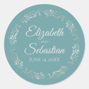 Lacy Silver Filigree Elegant Teal Wedding Classic Round Sticker