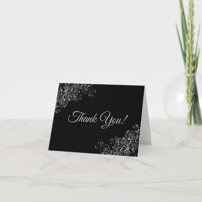 Lacy Silver Frills Elegant Black Wedding Photo Thank You Card (Front)