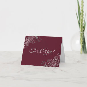 Lacy Silver Frills Elegant Burgundy Wedding Photo Thank You Card