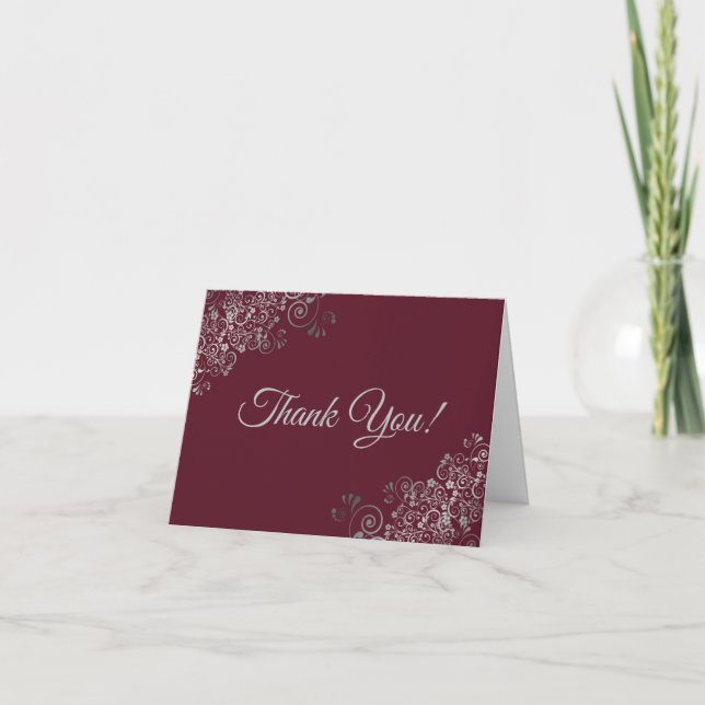 Lacy Silver Frills Elegant Burgundy Wedding Photo Thank You Card (Front)