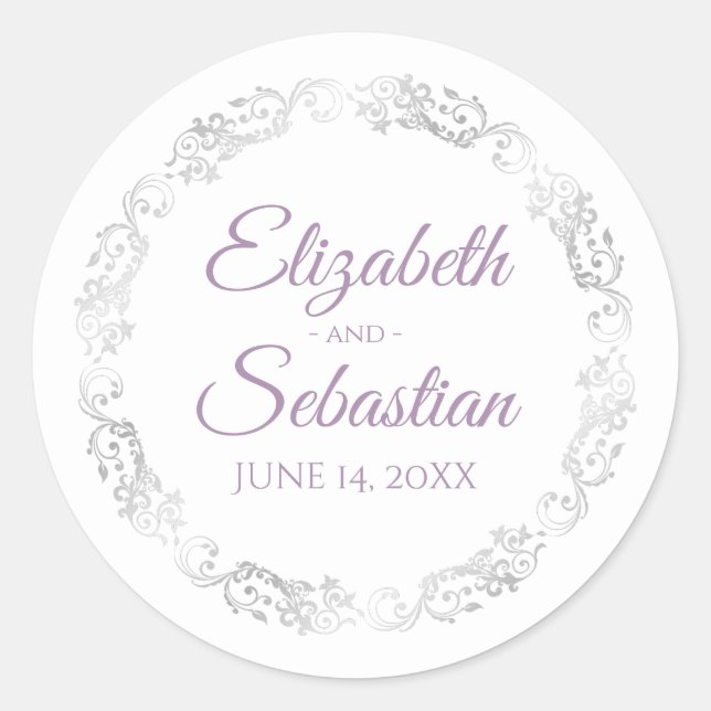 Lacy Silver Frills Elegant Lavender White Wedding Classic Round Sticker (Front)