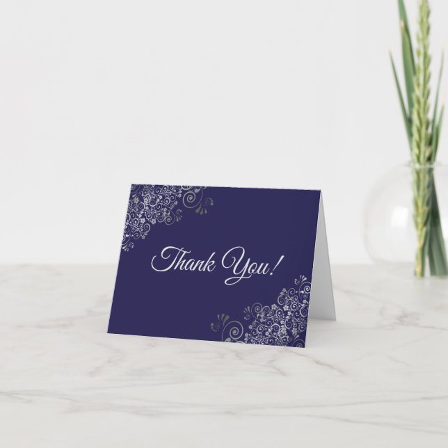 Lacy Silver Frills Elegant Navy Blue Wedding Photo Thank You Card (Front)