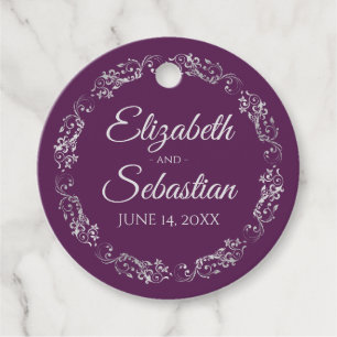 Lacy Silver Frilly Border Elegant Purple Wedding Favour Tags