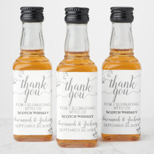 Lacy Silver Grey on White Wedding Thank You Mini Liquor Bottle Label