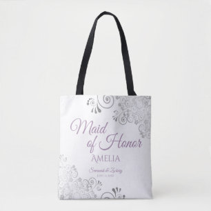 Lacy Silver & Lavender Maid of Honor White Wedding Tote Bag