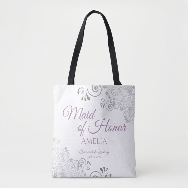 Lacy Silver & Lavender Maid of Honor White Wedding Tote Bag (Front)