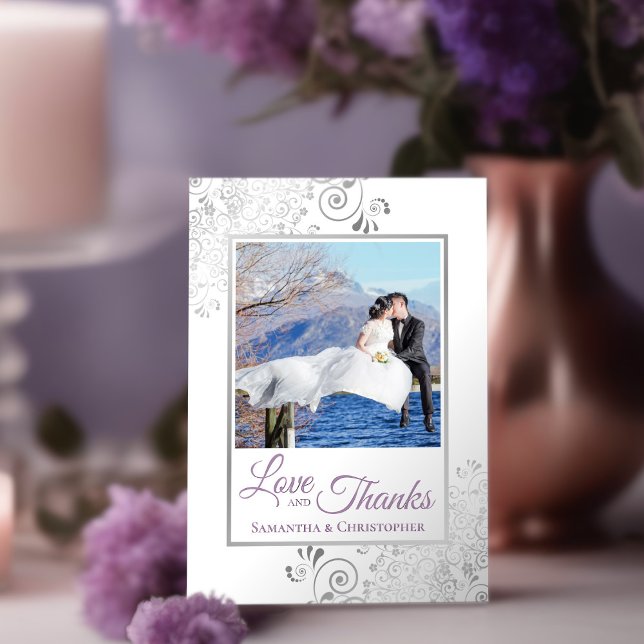 Lacy Silver Lavender & White Love & Thanks Wedding Thank You Card (Creator Uploaded)