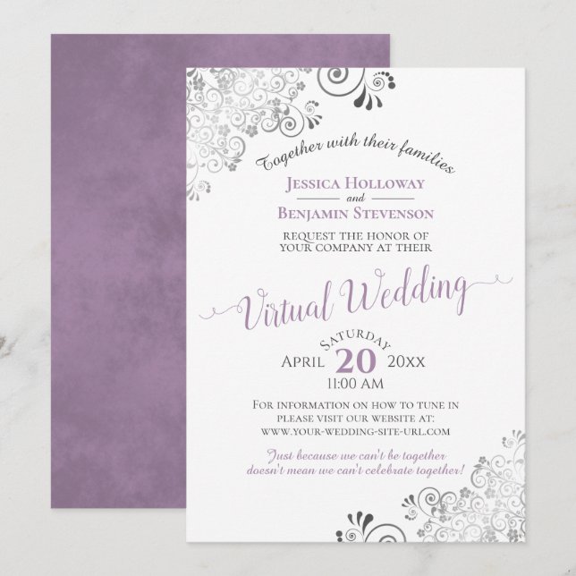 Lacy Silver Lavender & White Virtual Wedding Invitation (Front/Back)