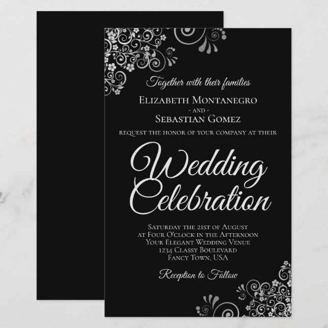 Lacy Silver on Black BUDGET Wedding Invite Large (Front/Back)