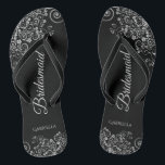 Lacy Silver on Black Elegant Bridesmaid Wedding Flip Flops<br><div class="desc">These elegant wedding flip flops are a great way to thank and recognise your bridesmaids, while giving their feet a rest after a long day. The beautiful design features an elegant design with ornate silver grey frills on a black background and fancy grey script lettering. The text reads Bridesmaid with...</div>