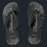 Lacy Silver on Black Elegant Bridesmaid Wedding Flip Flops<br><div class="desc">These elegant wedding flip flops are a great way to thank and recognise your bridesmaids, while giving their feet a rest after a long day. The beautiful design features an elegant design with ornate silver grey frills on a black background and fancy grey script lettering. The text reads Bridesmaid with...</div>