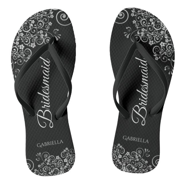 Lacy Silver on Black Elegant Bridesmaid Wedding Flip Flops (Footbed)