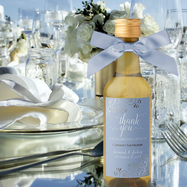 Lacy Silver on Light Blue Wedding Thank You Mini Wine Label (Creator Uploaded)