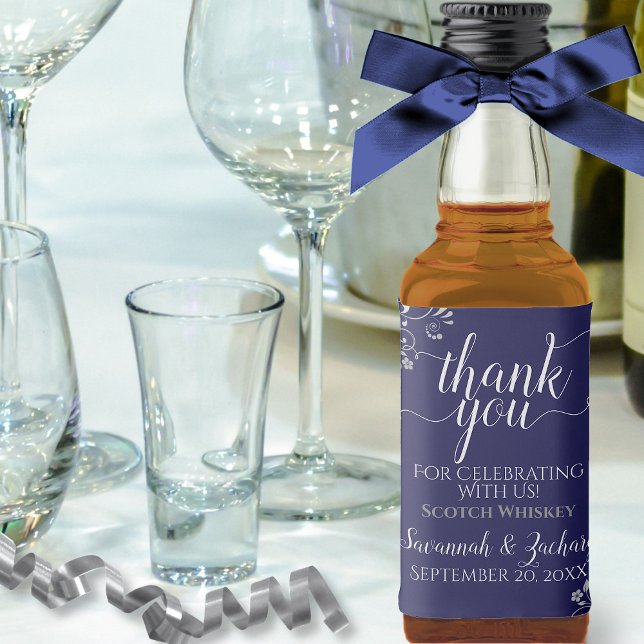 Lacy Silver on Navy Blue Wedding Thank You Mini Liquor Bottle Label (In Situ with Bow)