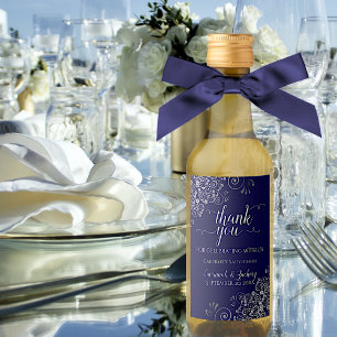 Lacy Silver on Navy Blue Wedding Thank You Mini Wine Label