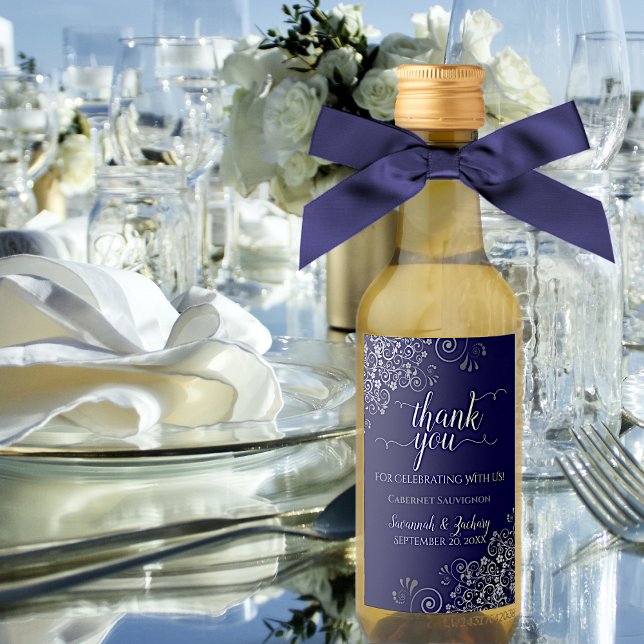 Lacy Silver on Navy Blue Wedding Thank You Mini Wine Label (Creator Uploaded)