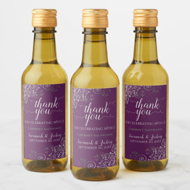 Lacy Silver on Plum Purple Wedding Thank You Mini Wine Label (Bottles)