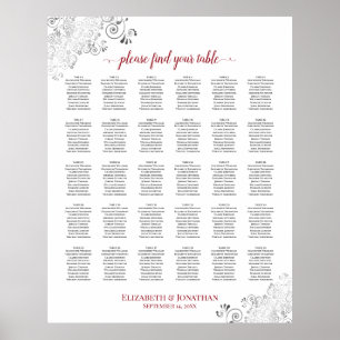Lacy Silver & Red 30 Table Wedding Seating Chart