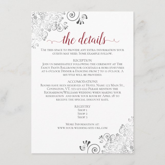 Lacy Silver Red Calligraphy White Wedding Details Enclosure Card (Front)