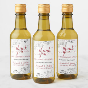 Lacy Silver & Red on White Wedding Thank You Mini Wine Label