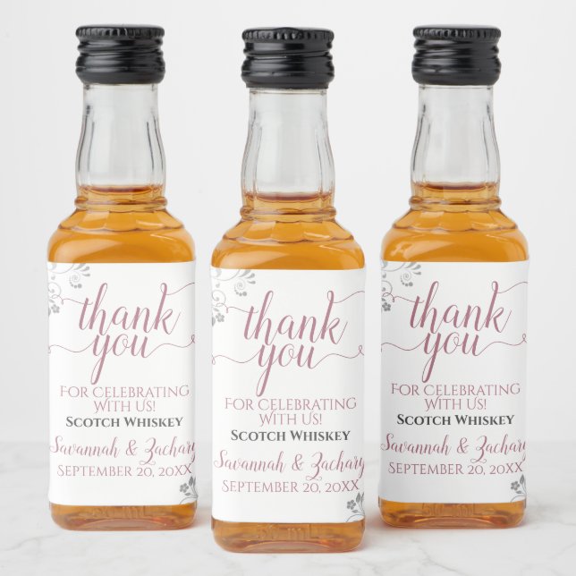 Lacy Silver & Rose on White Wedding Thank You Mini Liquor Bottle Label (Bottles)