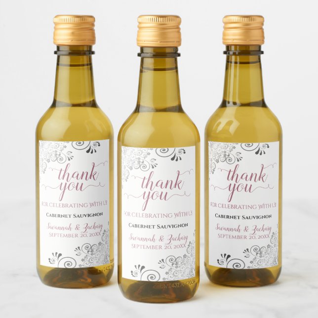 Lacy Silver & Rose on White Wedding Thank You Mini Wine Label (Bottles)