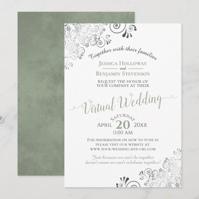 Lacy Silver Sage Green & White Virtual Wedding Invitation (Front/Back)
