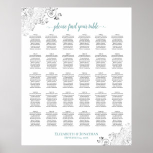 Lacy Silver & Teal 30 Table Wedding Seating Chart