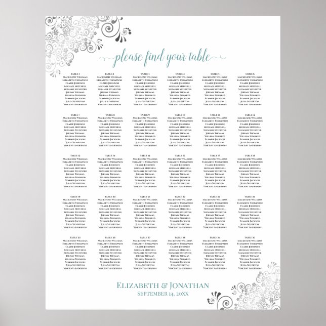 Lacy Silver & Teal 30 Table Wedding Seating Chart (Front)