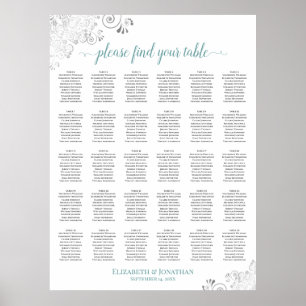 Lacy Silver & Teal 30 Table Wedding Seating Chart