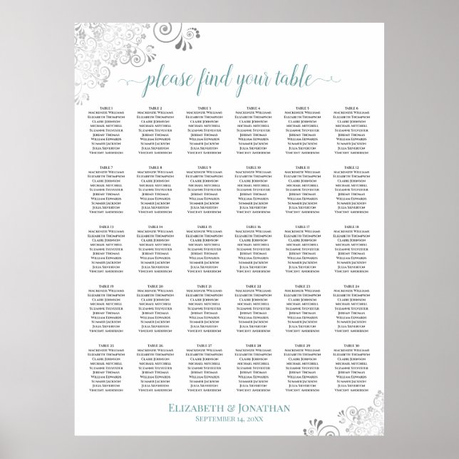 Lacy Silver & Teal 30 Table Wedding Seating Chart (Front)