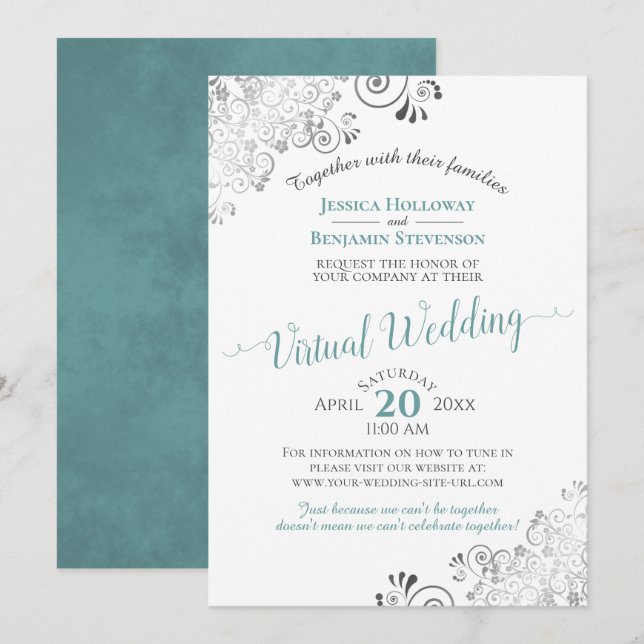 Lacy Silver Teal, Grey & White Virtual Wedding Invitation (Front/Back)