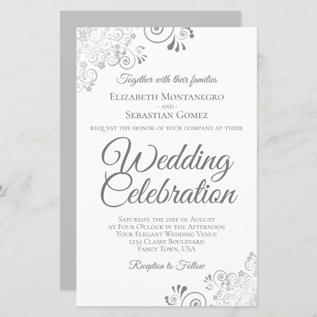 Lacy Silver & White BUDGET Wedding Invite Large (Front/Back)