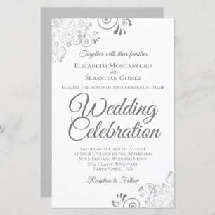 Lacy Silver & White BUDGET Wedding Invite Large