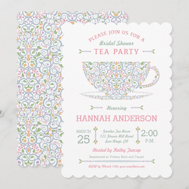 Lacy Teacup Bridal Shower Tea Party Invitation II (Front/Back)