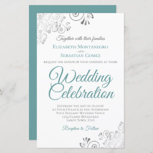 Lacy Teal & White BUDGET Wedding Invite Large
