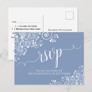 Lacy White Calligraphy on Dusty Blue Wedding RSVP Postcard
