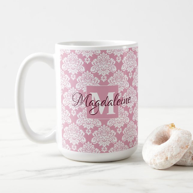 Lacy White Damask on Dusty Rose Name & Monogram Coffee Mug (With Donut)