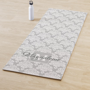 Lacy White Damask on Grey Monogram & Name Yoga Mat