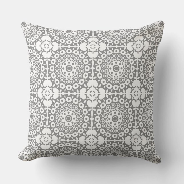 Lacy white squares on a light grey background cushion (Front)