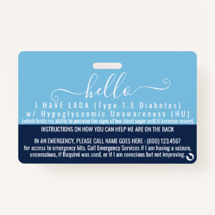 LADA type 1.5 diabetes awareness medical id ID Badge