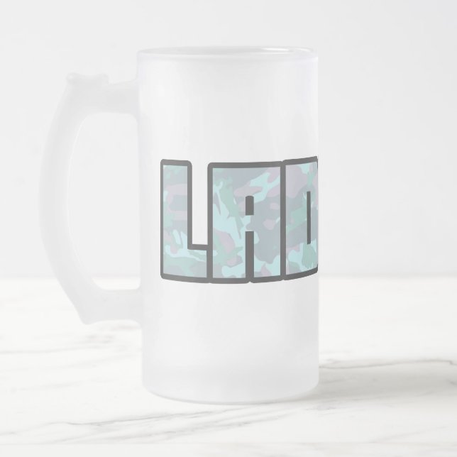 "Ladette" urban camo blue and black text beer mug (Left)
