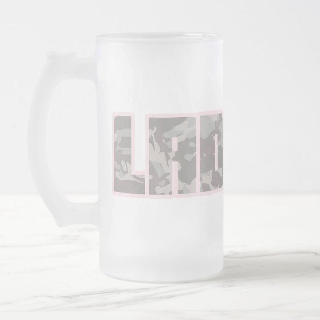 "Ladette" urban camo brown and pink text beer mug (Left)