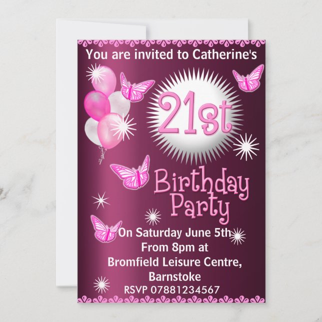 Ladies 21st Birthday Party Invitation Pink (Front)